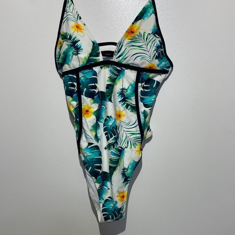 Shein Women's Tropical Print One-Piece Swimsuit White & Green Size M